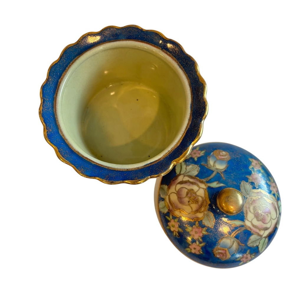 Antique Nippon Hand Painted Blue Moriage Floral Covered Powder Jar - Picture 3 of 7